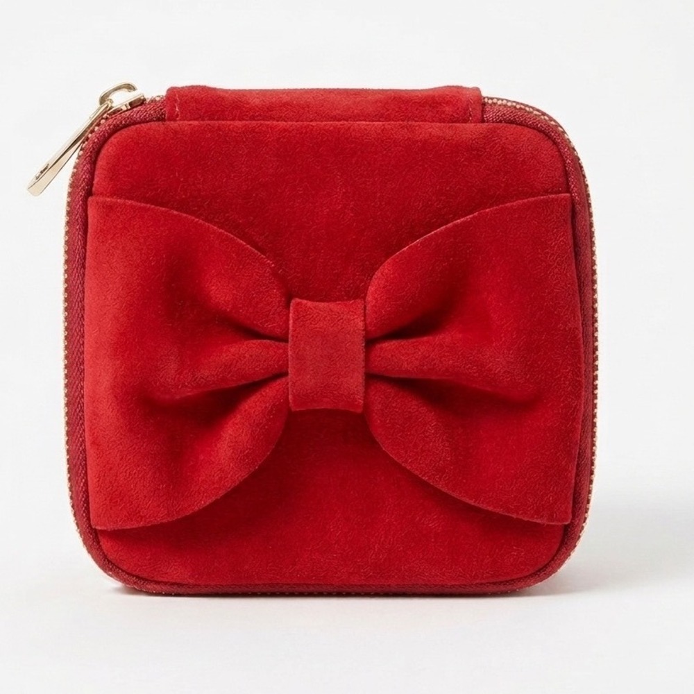 Jessica Simpson Red Velvet Mini Bow Jewelry Travel Case Square Zip Organizer Bag